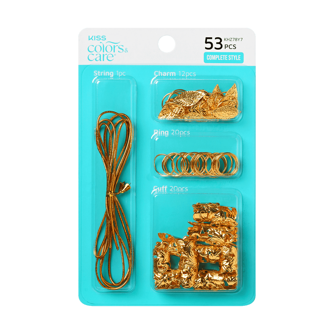 KISS Colors &amp; Care Luxe Braid Charm Kit packaging in teal with 53 gold-tone pieces including braided string, leaf charms, rings, and decorative cuffs.