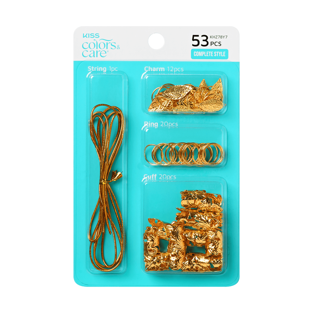 KISS Colors &amp; Care Luxe Braid Charm Kit packaging in teal with 53 gold-tone pieces including braided string, leaf charms, rings, and decorative cuffs.