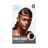 Packaging shows a man wearing a black and gold patterned silky satin durag. Text highlights long tails, ultimate compression for 360° waves, and premium quality.