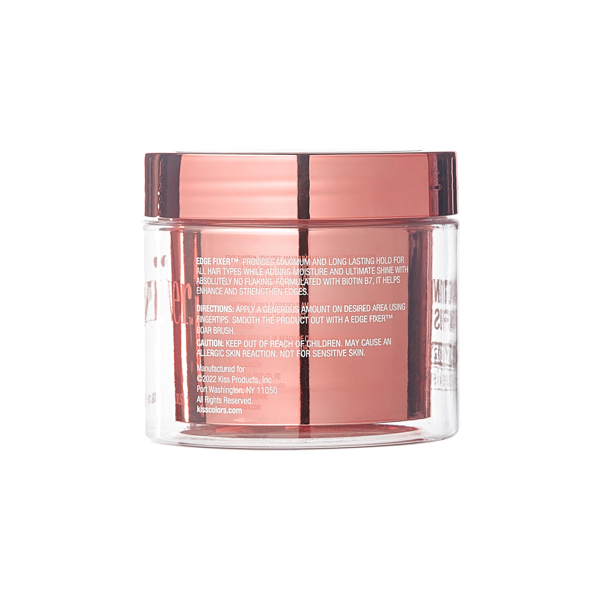 Clear jar with a metallic peach-colored lid containing KISS Colors &amp; Care Edge Fixer. Text on the jar highlights long-lasting hold, moisture, no flaking, and biotin B7 for strengthening edges. Directions and caution about allergic reactions also visible.