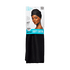 Black satin wrap scarf folded and packaged with a label showing a woman wearing the scarf wrapped on her head. Label text highlights \