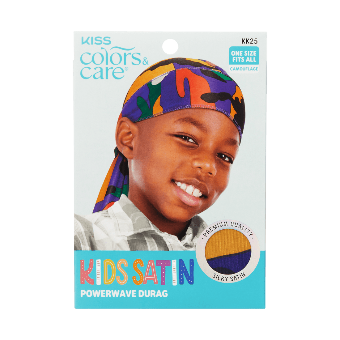 Smiling child wearing a colorful camouflage satin durag in purple, orange, green, and black; packaging includes text \