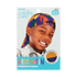 Smiling child wearing a colorful camouflage satin durag in purple, orange, green, and black; packaging includes text \