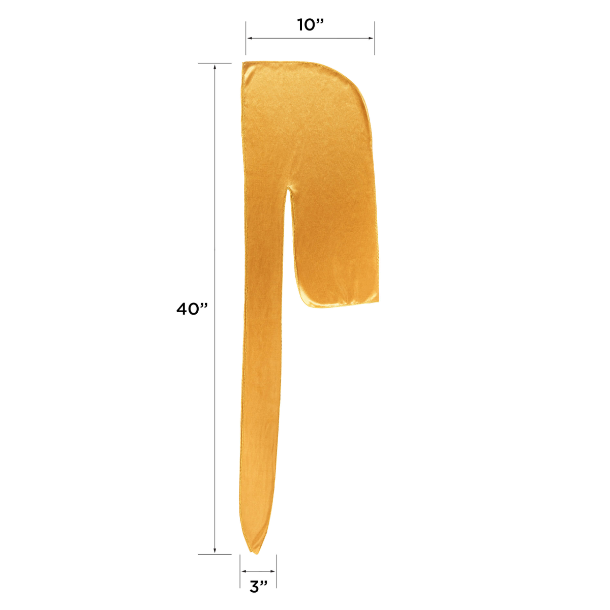Gold satin durag laid flat with dimensions marked: 10 inches wide, 40 inches long, and 3 inches tail width.