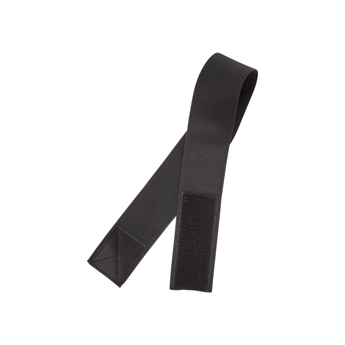 Black elastic band with hook-and-loop fastener, partially looped, showing smooth fabric texture and reinforced stitching on ends.