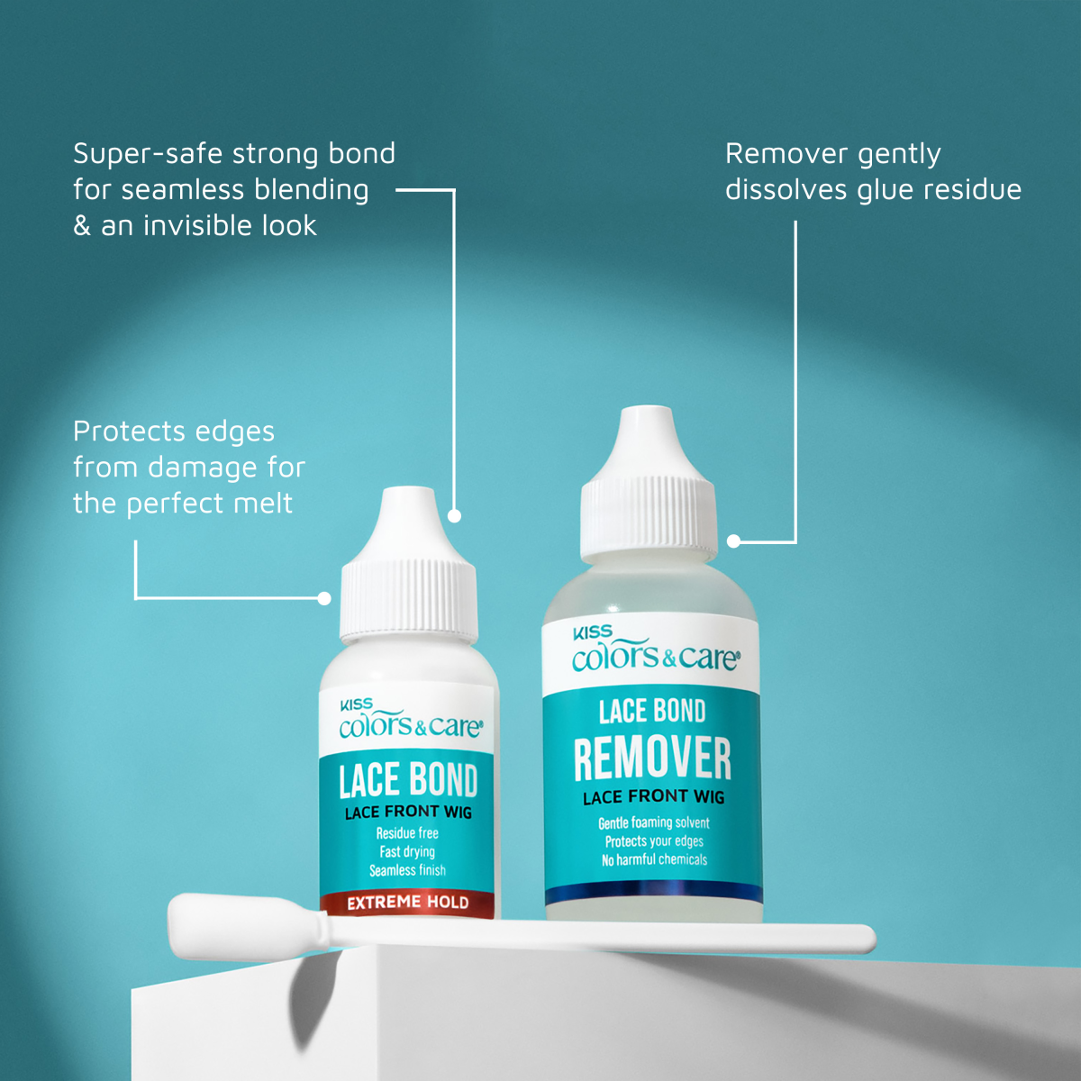 Two white plastic bottles of KISS Colors &amp; Care Lace Bond products for lace front wigs on a blue background, with text highlighting a strong bond for seamless blending, edge protection, and gentle glue residue removal.