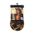 KISS Colors & Care silky satin visor braid bonnet in black with gold chain print visor, shown in packaging with smiling model wearing the bonnet.