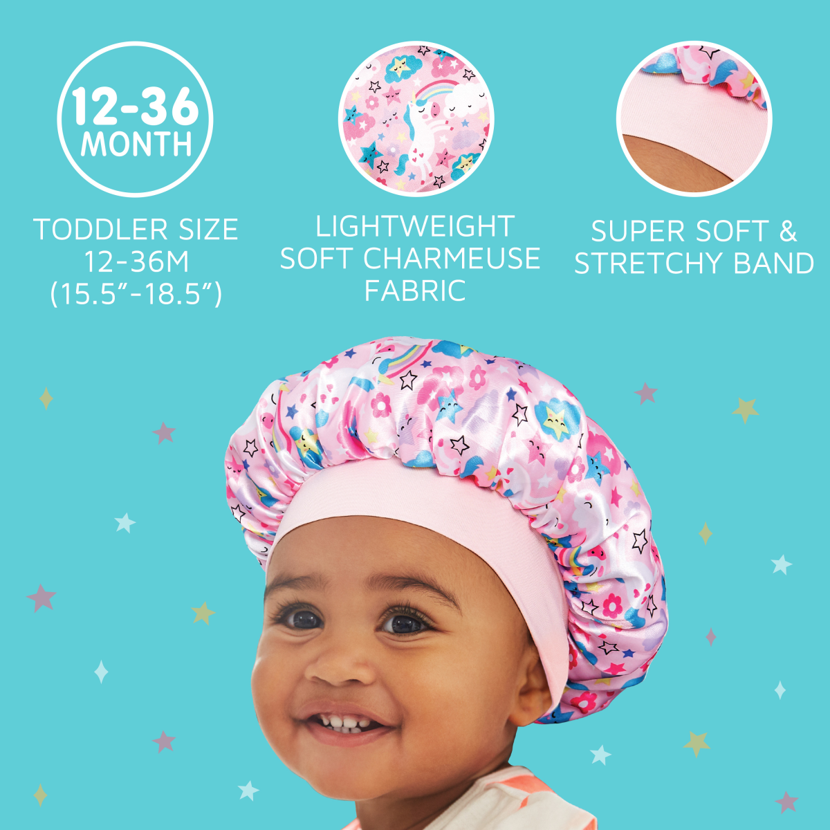 Smiling toddler wearing a pink silky satin bonnet with colorful unicorn and star print, featuring a soft stretchy band; designed for 12-36 months.
