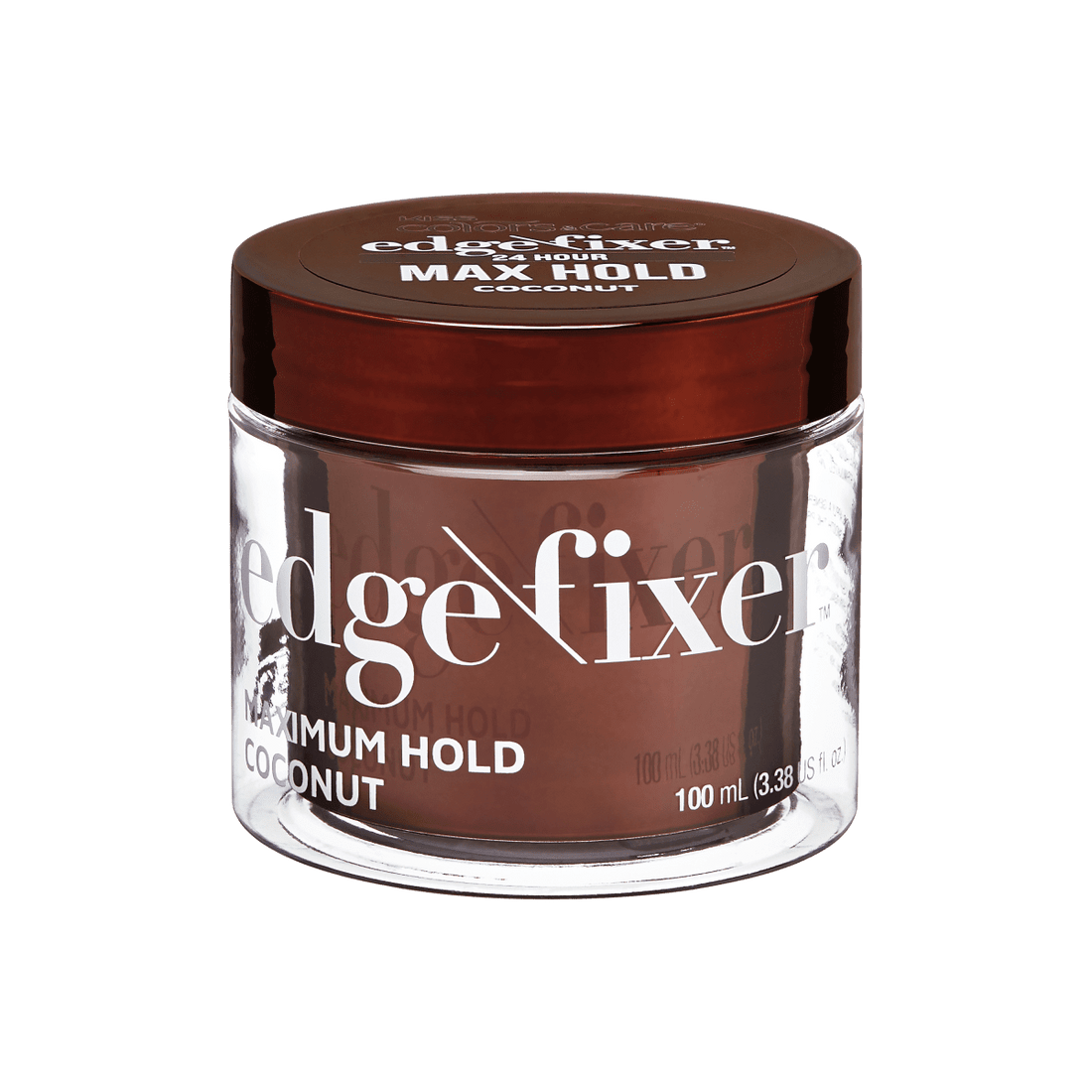 Clear round jar with brown lid containing KISS Colors &amp; Care Edge Fixer coconut-scented hair gel, labeled for 24-hour maximum hold, 100 mL.