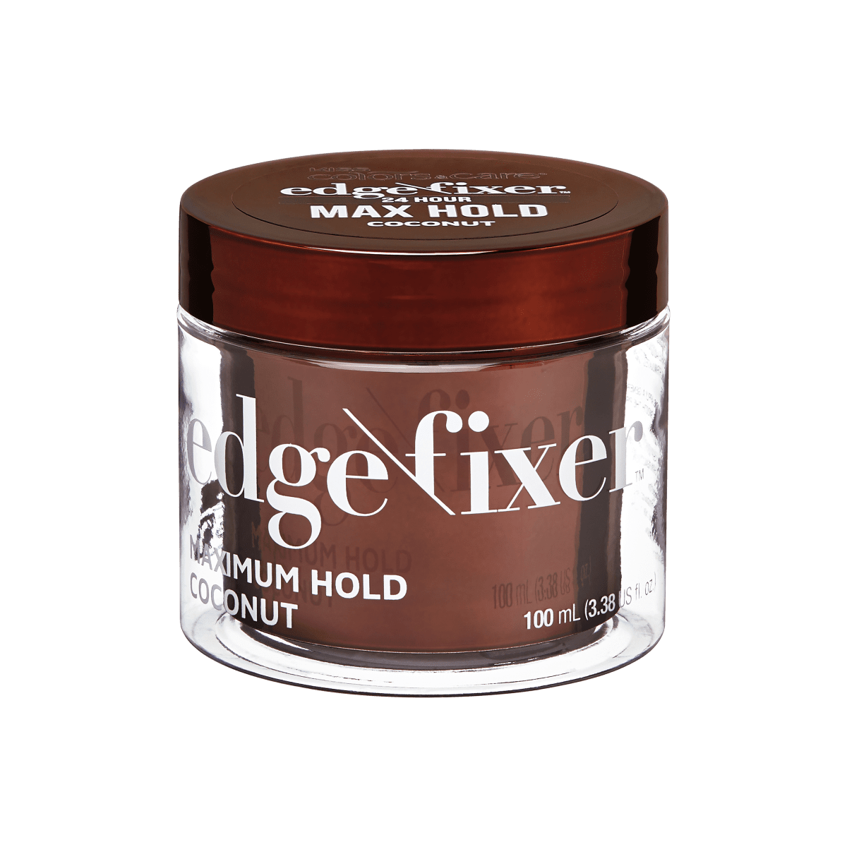 Clear round jar with brown lid containing KISS Colors &amp; Care Edge Fixer coconut-scented hair gel, labeled for 24-hour maximum hold, 100 mL.