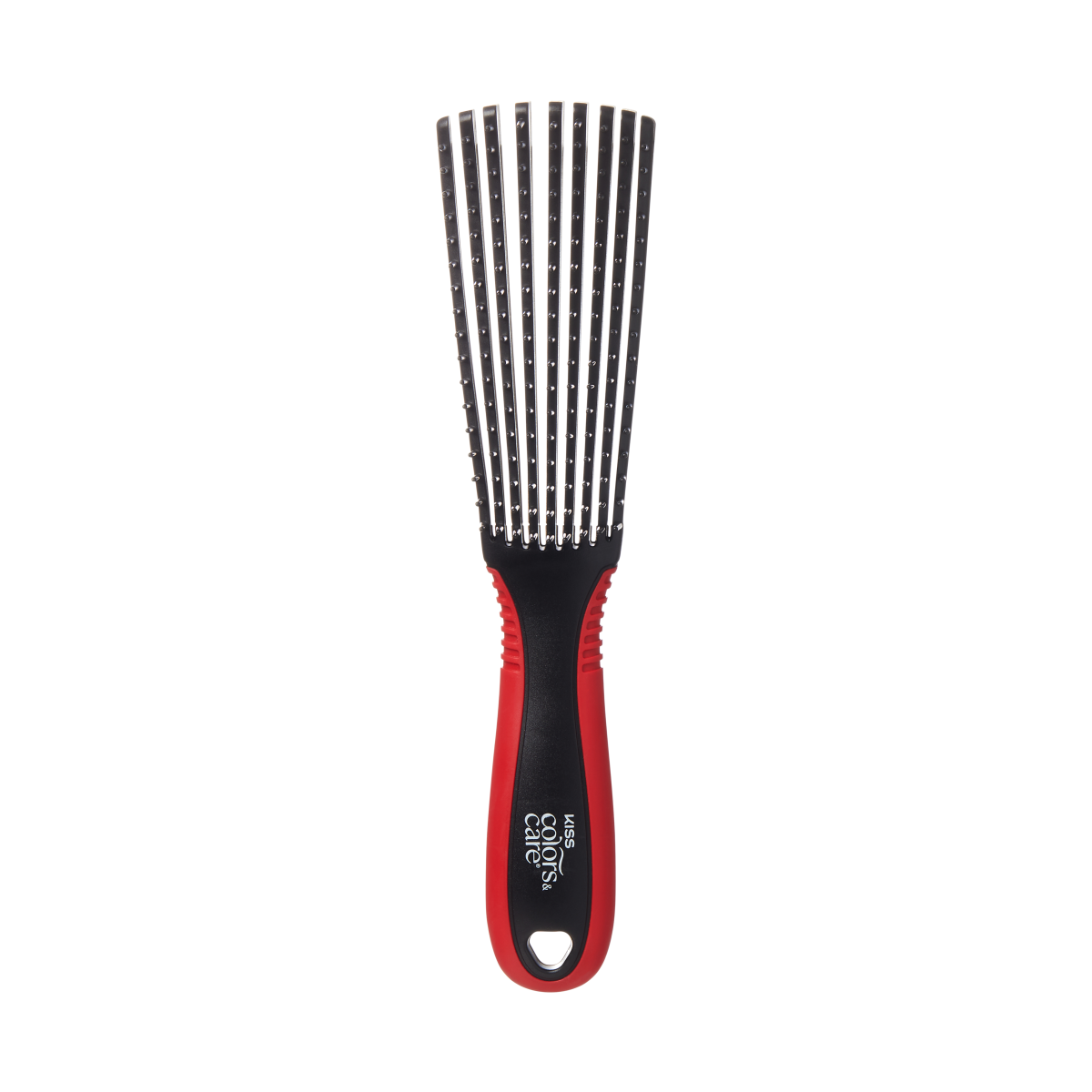 Large detangling brush with black flexible plastic bristles and red-and-black ergonomic handle, featuring \