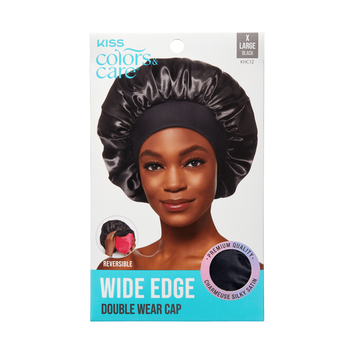 Packaging showing a woman wearing a black silky satin wide edge hair cap. Text highlights reversible, premium quality charmeuse silky satin, XL size in black.