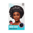 Packaging showing a woman wearing a black silky satin wide edge hair cap. Text highlights reversible, premium quality charmeuse silky satin, XL size in black.