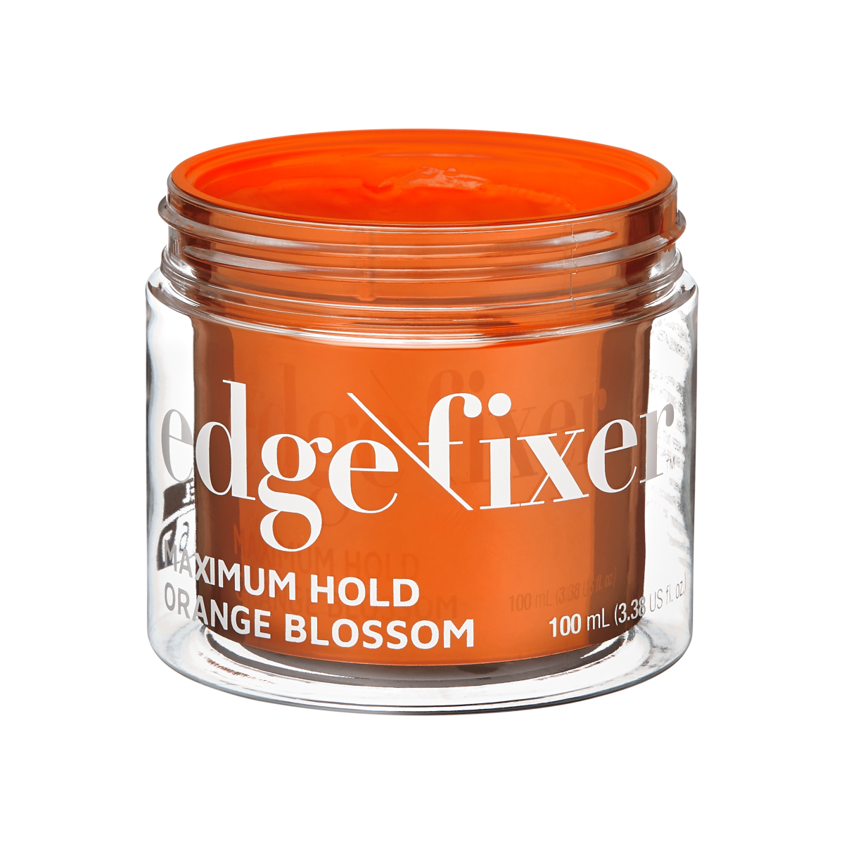 Clear round jar filled with bright orange hair edge fixer gel, labeled for maximum hold and orange blossom scent, containing 100 mL.