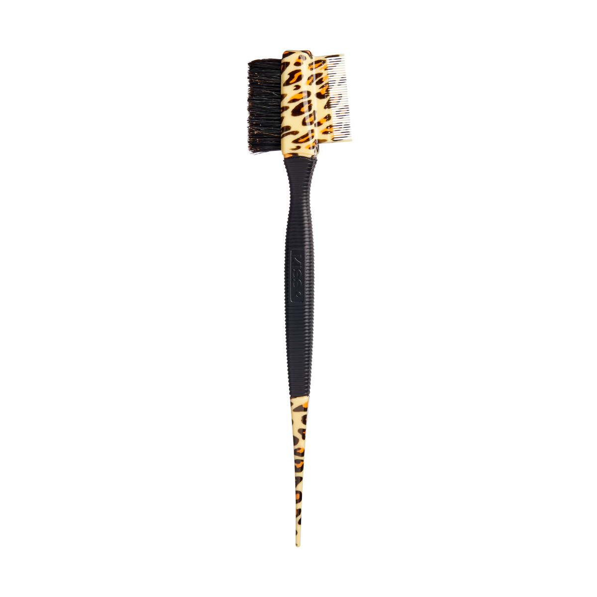 Dual-sided hair edge brush with a black textured grip handle and leopard print accents on the tip and brush head, featuring fine and bristle bristles.