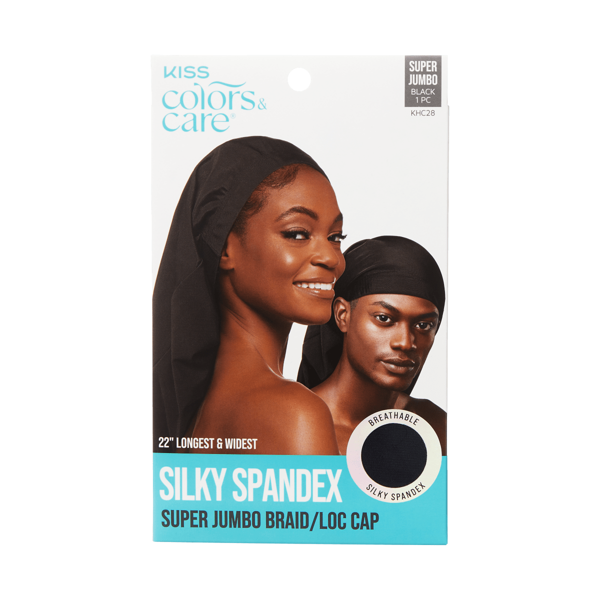 Packaging for KISS Colors &amp; Care Silky Spandex Super Jumbo Braid/Loc Cap in black, featuring a smiling woman and man wearing the cap. Text highlights \