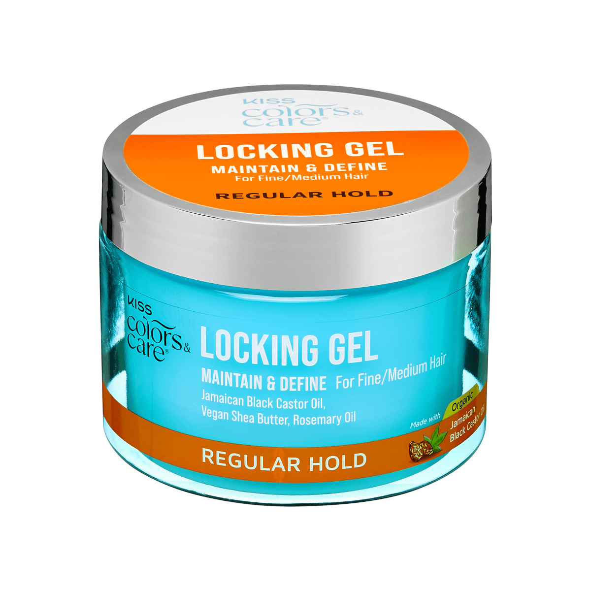 Clear blue jar of KISS Colors &amp; Care Locking Gel with silver lid, labeled for fine/medium hair, regular hold, made with Jamaican Black Castor Oil, vegan shea butter, and rosemary oil.