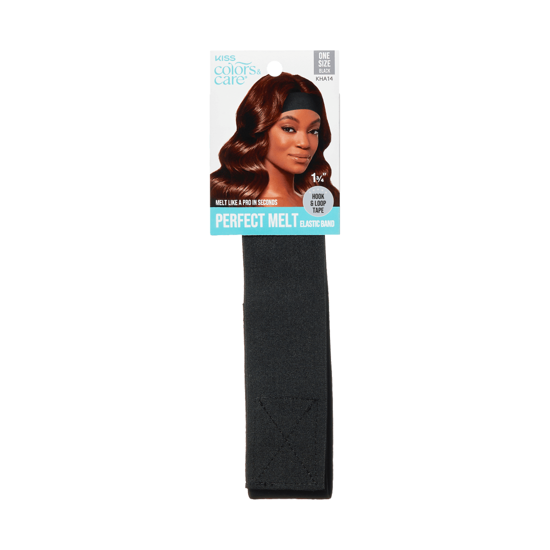 Black elastic hair band with packaging featuring a woman wearing the band. Text highlights \