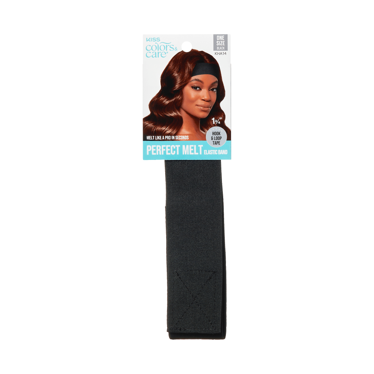 Black elastic hair band with packaging featuring a woman wearing the band. Text highlights \