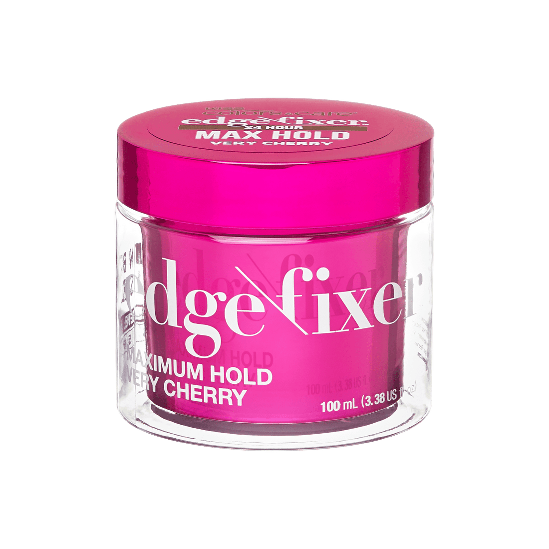 Clear plastic jar with a bright pink lid and inner container, labeled \