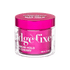 Clear plastic jar with a bright pink lid and inner container, labeled \