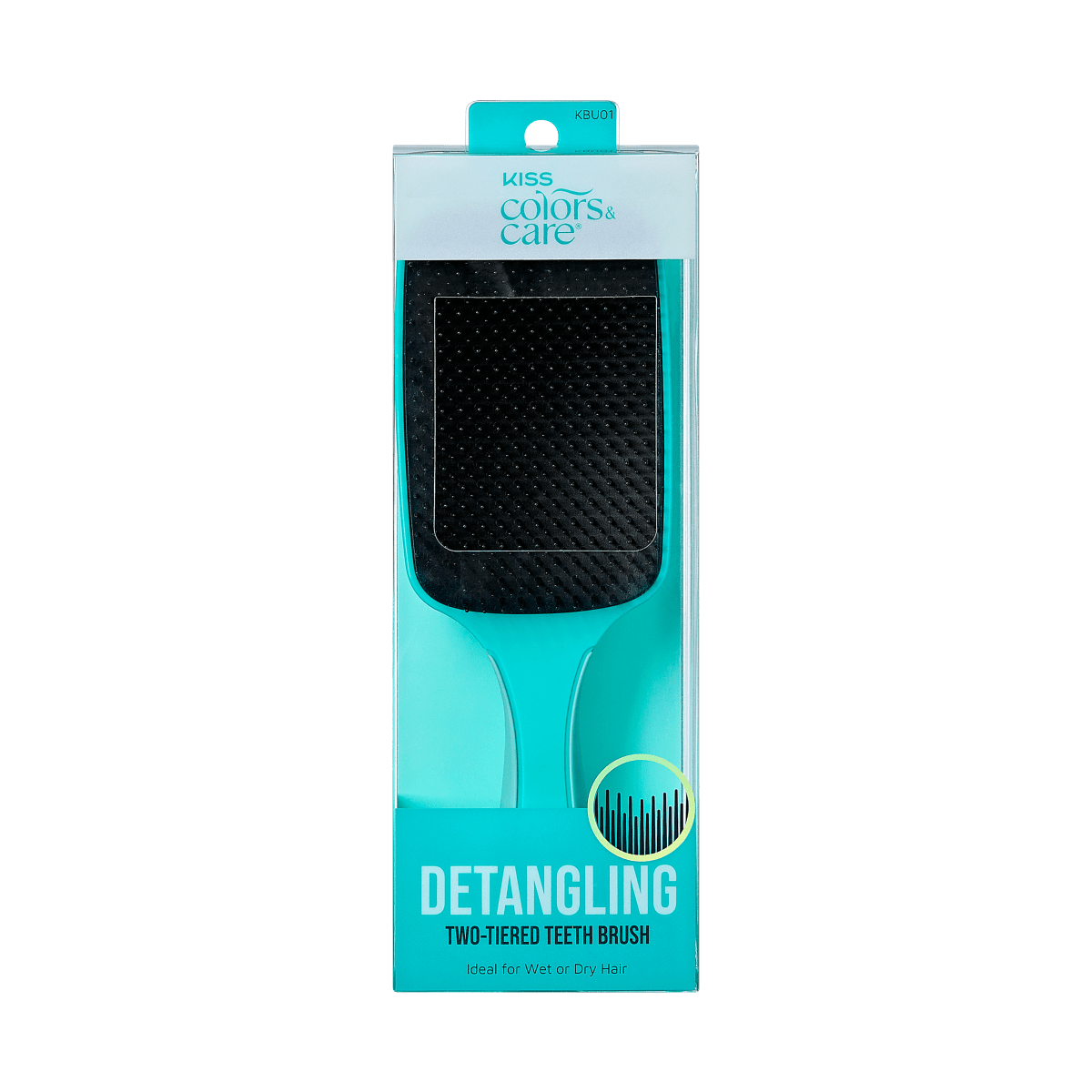KISS Colors &amp; Care detangling brush with two-tiered black teeth, turquoise handle and packaging, labeled for wet or dry hair use.
