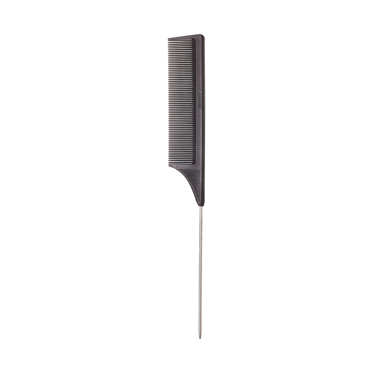 Black carbon fiber pin tail comb with fine teeth and a long metal tail, shown against a white background, with the brand name KISS embossed on the side.