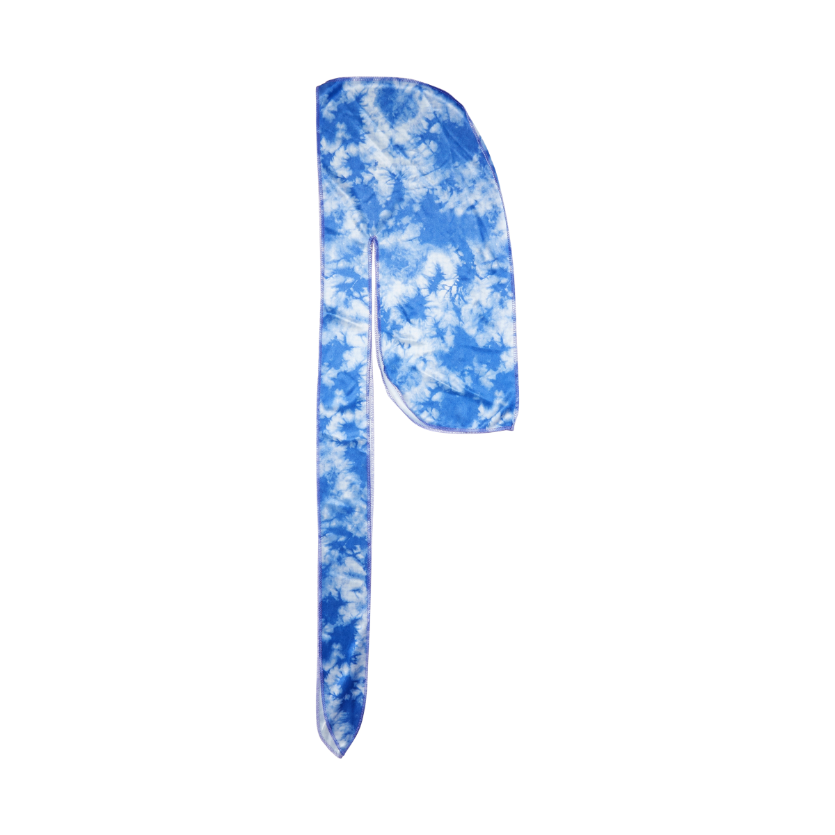 Kids-sized satin durag in blue and white tie-dye pattern, shown flat with long tail and curved cap section, soft silky fabric.