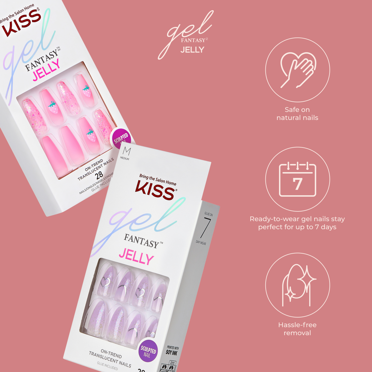 Two packages of KISS Gel Fantasy Jelly sculpted nails shown against a mauve background. One set is pink with glitter and strawberry designs, the other is lavender with sparkles and heart accents. Text highlights: safe on natural nails, lasts up to 7 days, hassle-free removal.