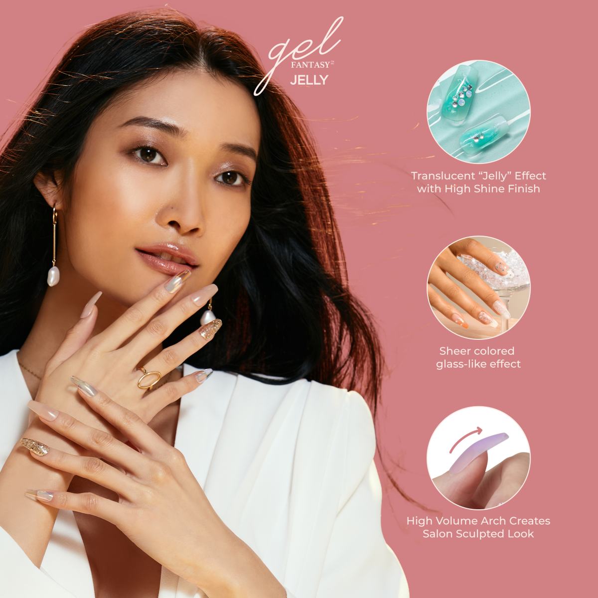 A woman with long, dark hair and pearl earrings showcases translucent, gel-finish nails with a sheer, glass-like effect and gold glitter accent nails. Text highlights the nails’ jelly effect, high shine finish, and sculpted high volume arch.