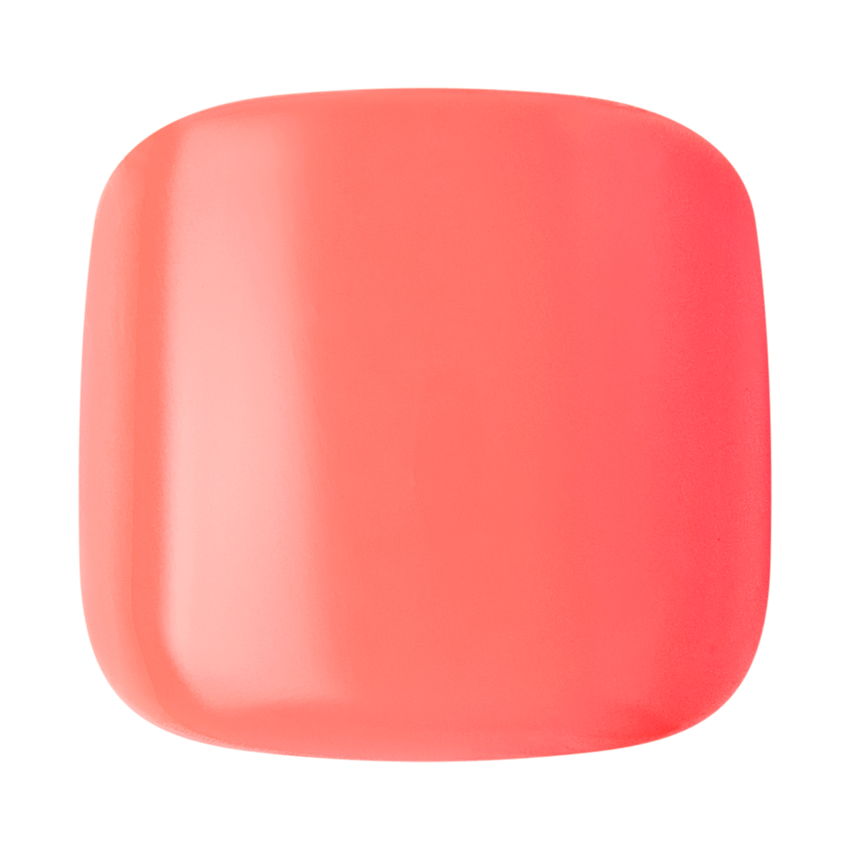 Smooth, glossy coral-pink press-on toenail piece with a slightly rounded square shape and subtle light reflection.