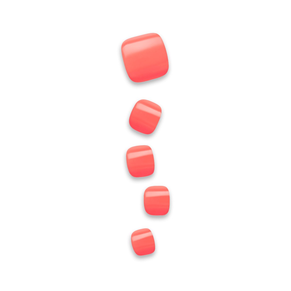 Set of five glossy coral pink press-on pedicure nail covers with rounded square shapes in descending sizes.