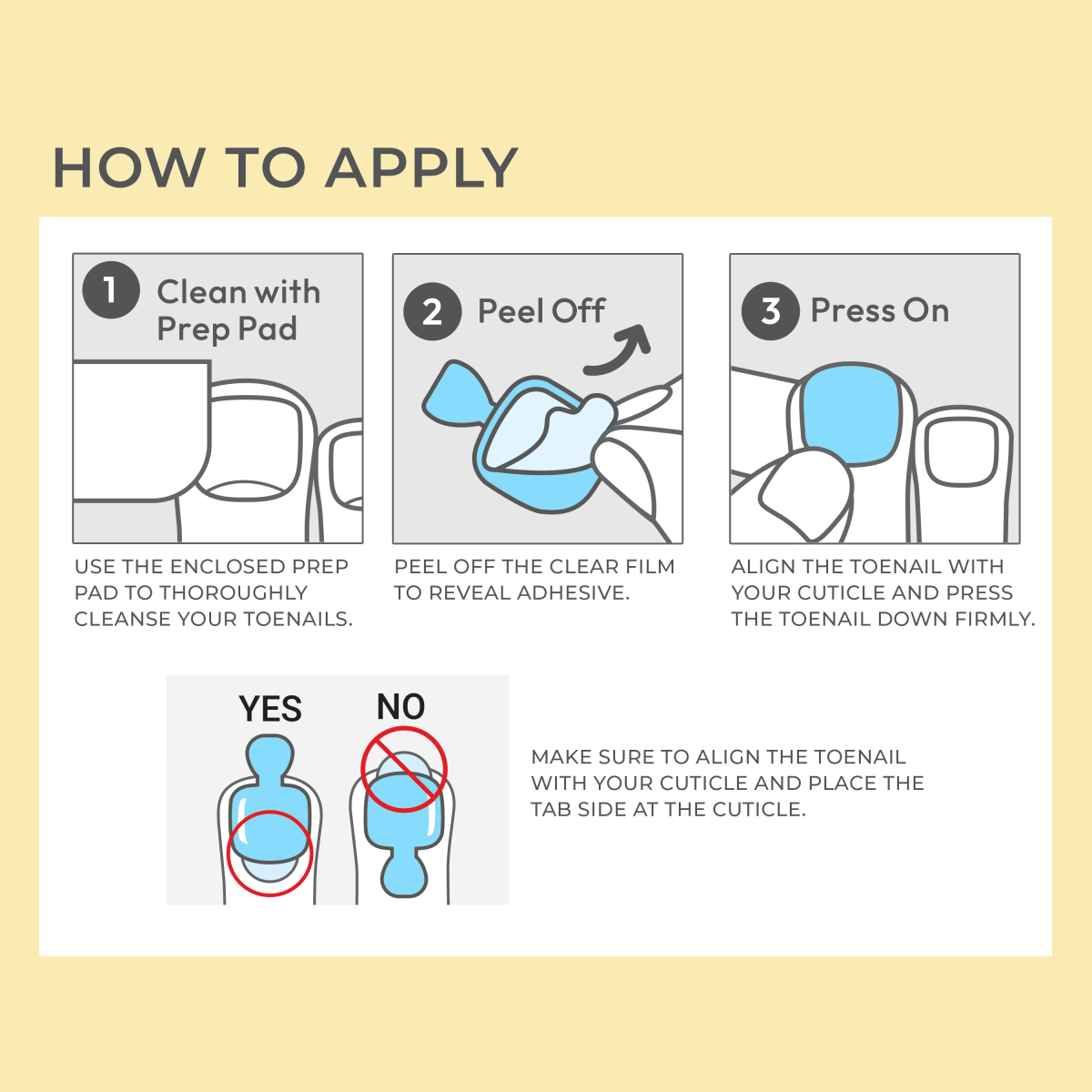 Step-by-step illustrated instructions for applying press-on pedicure: cleanse toenails with prep pad, peel off adhesive film, press nail on aligned with cuticle.