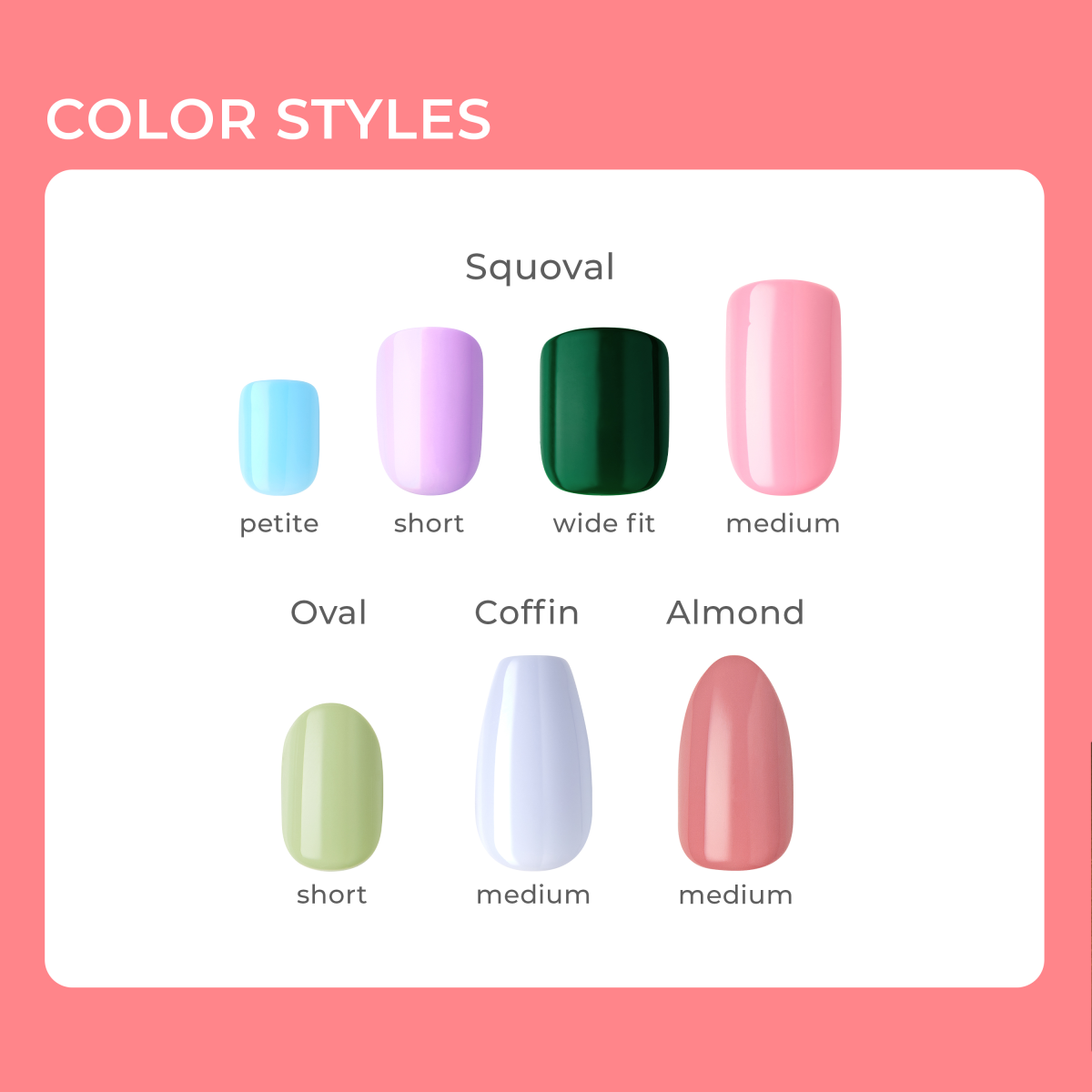 Various press-on nail shapes and sizes displayed on a white background with a pink border. Shapes include squoval (petite blue, short lavender, wide fit dark green, medium pink), oval (short light green), coffin (medium white), and almond (medium coral).