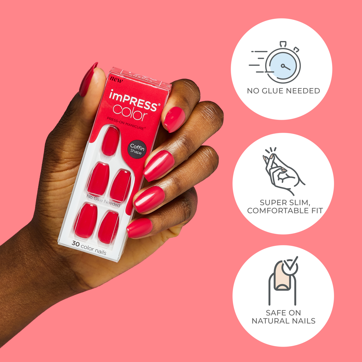 Hand with bright red press-on coffin-shaped nails holding imPRESS Color Press-On Manicure package in red packaging, highlighting no glue needed, slim comfortable fit, and safe on natural nails.