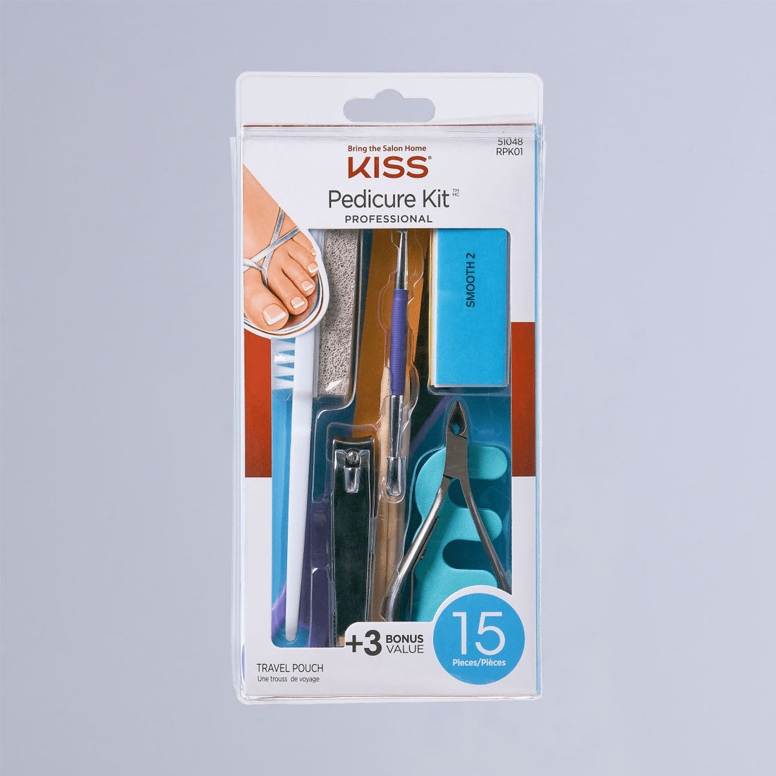KISS Professional Pedicure Kit with 15 pieces including nail clippers, cuticle pusher, nail file, pumice stone, brush, and toe separators, shown in clear plastic packaging.