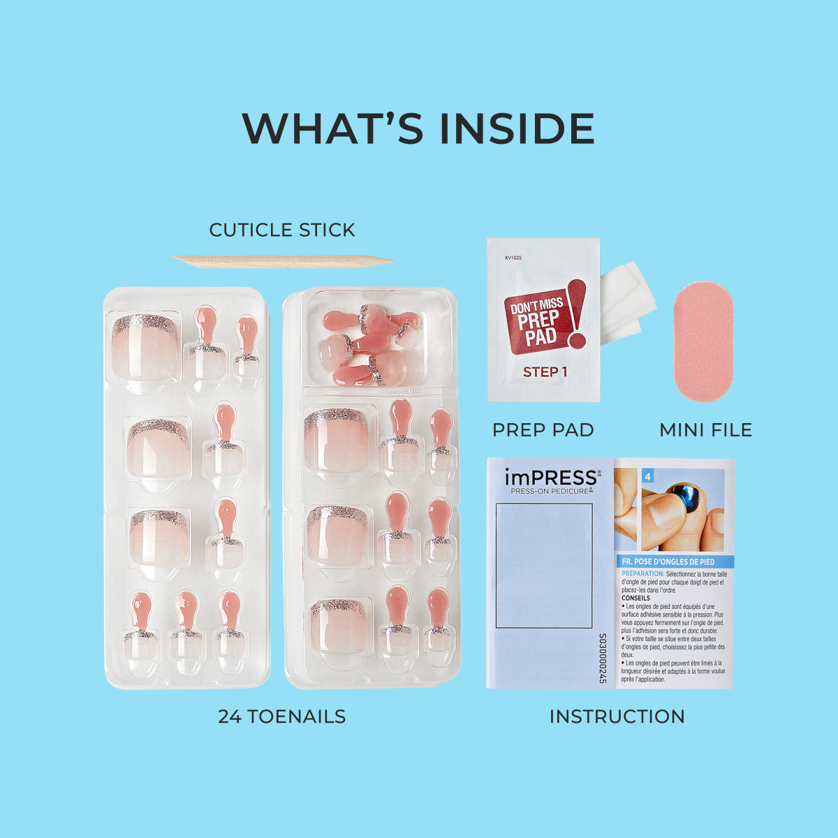 Press-on pedicure kit contents on blue background, including 24 sheer pink toenails with glitter tips, wooden cuticle stick, prep pad, mini nail file, and instruction leaflet.