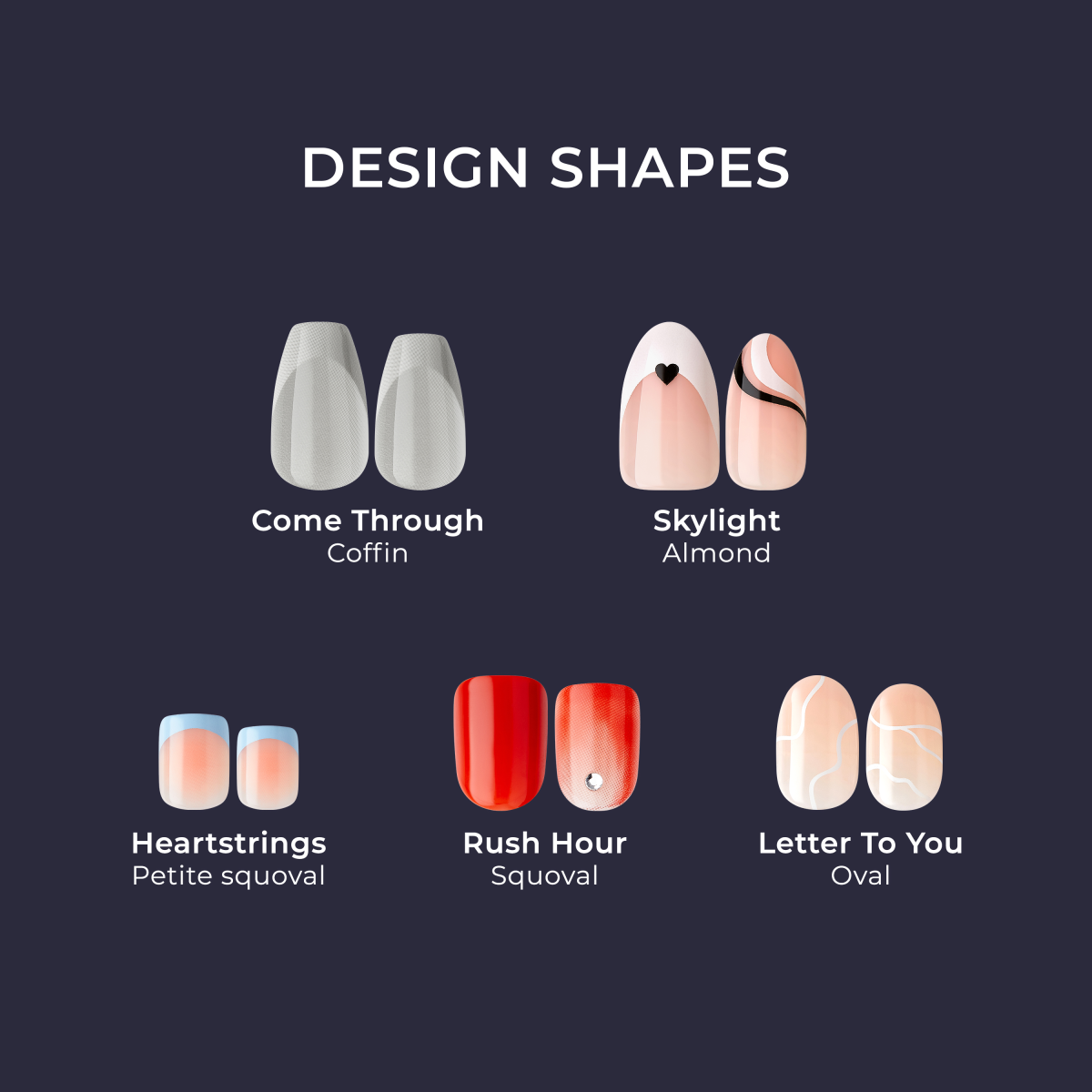 Display of five imPRESS press-on manicure design shapes on a dark blue background labeled \