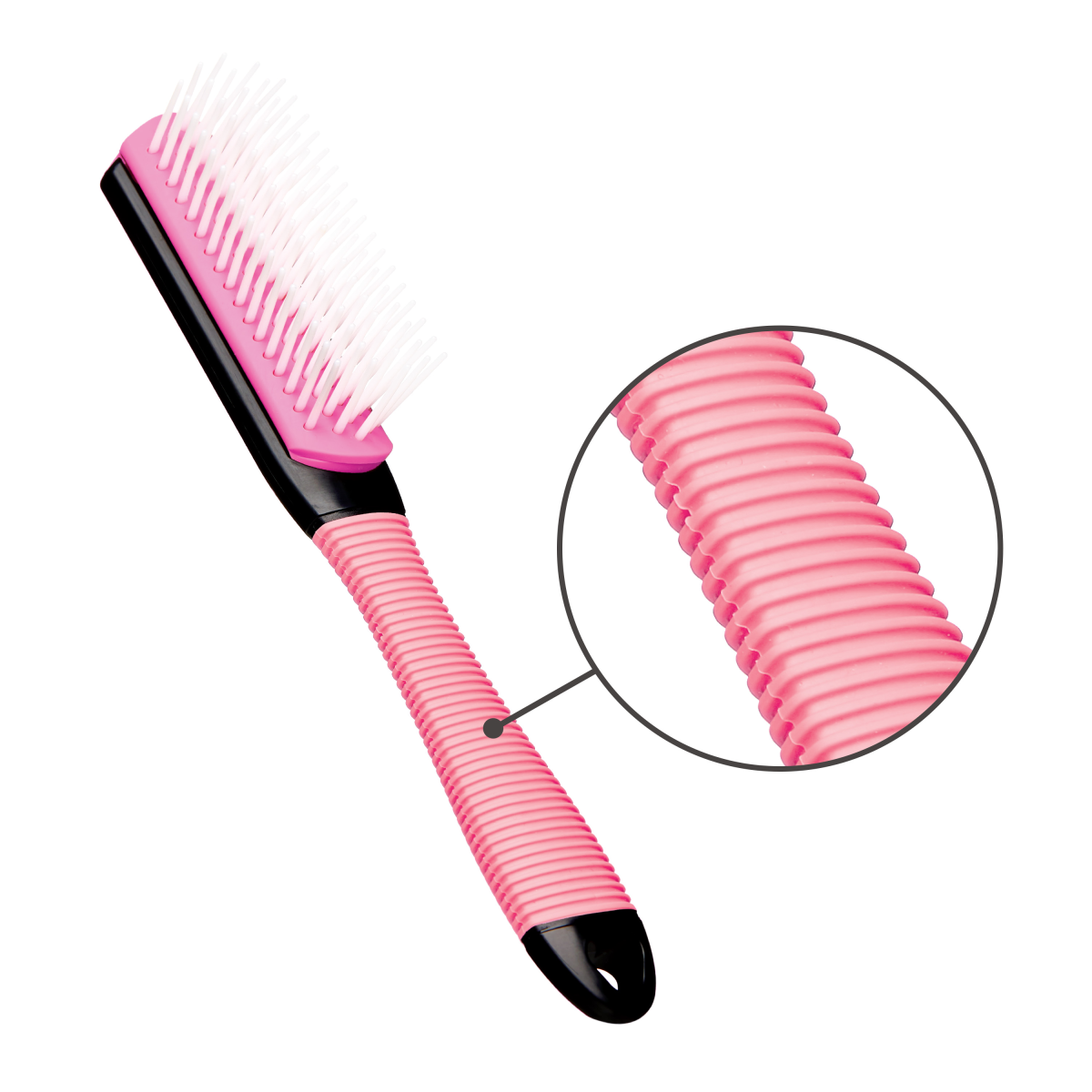 Pink mini hairbrush with white soft bristles and a black base, featuring a close-up inset showing textured non-slip grip on the handle.