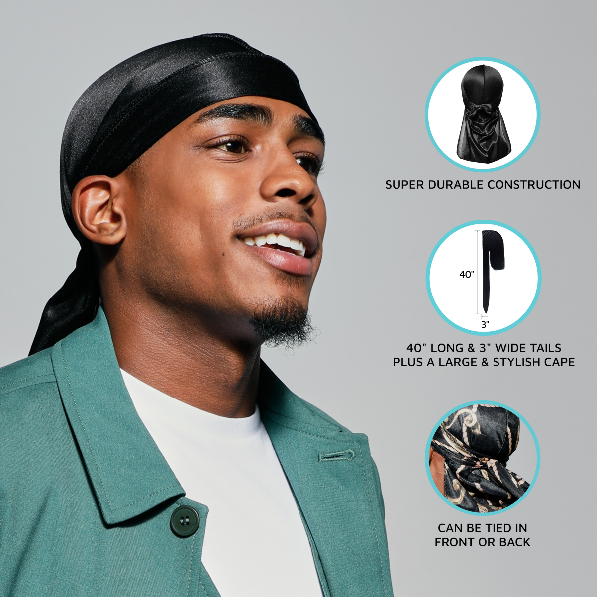 Smiling man wears a black silky satin durag with a large cape. Features include super durable construction, 40\