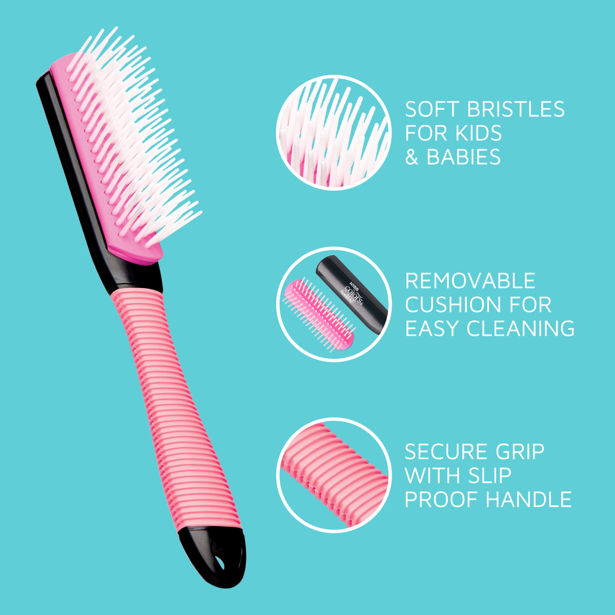 Pink mini detangling brush with white soft bristles, black accents, and a non-slip ribbed handle. Features removable cushion and secure grip.