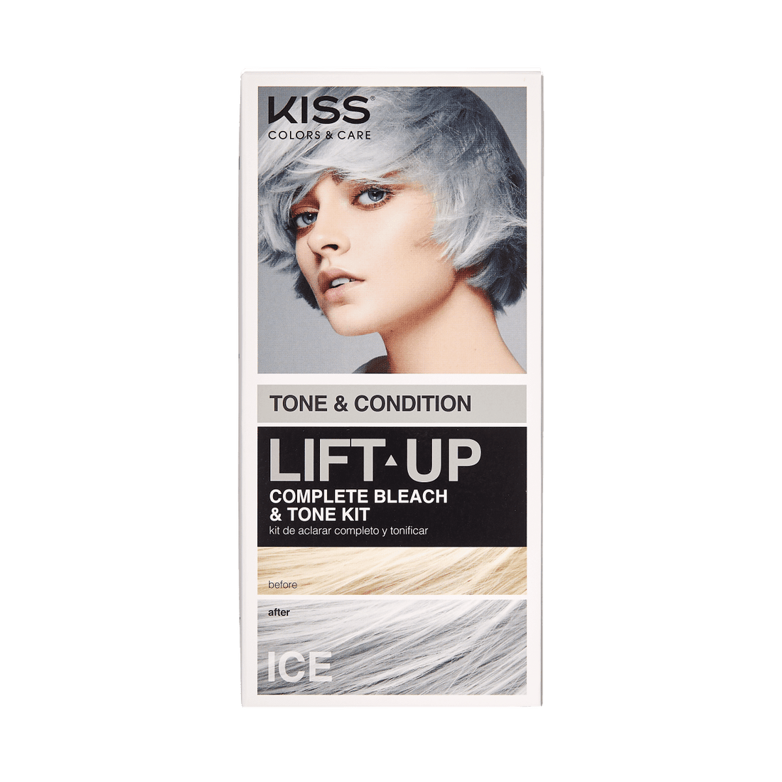 KISS Colors &amp; Care Lift Up Complete Bleach &amp; Tone Kit in Ice shade, shows a woman with short icy blue hair, with before and after hair color swatches.