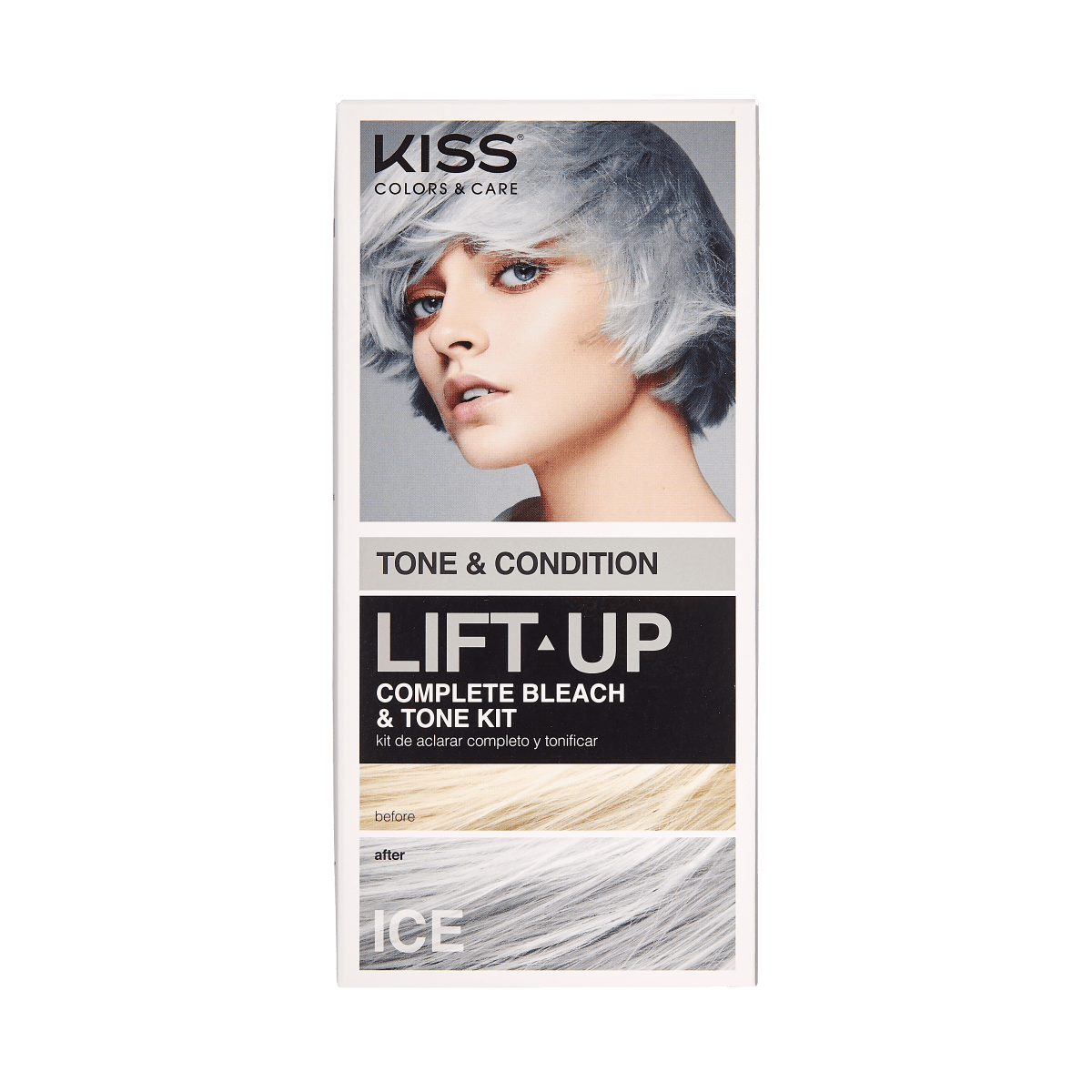 KISS Colors &amp; Care Lift Up Complete Bleach &amp; Tone Kit in Ice shade, shows a woman with short icy blue hair, with before and after hair color swatches.