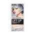 KISS Colors & Care Lift Up Complete Bleach & Tone Kit in Ice shade, shows a woman with short icy blue hair, with before and after hair color swatches.
