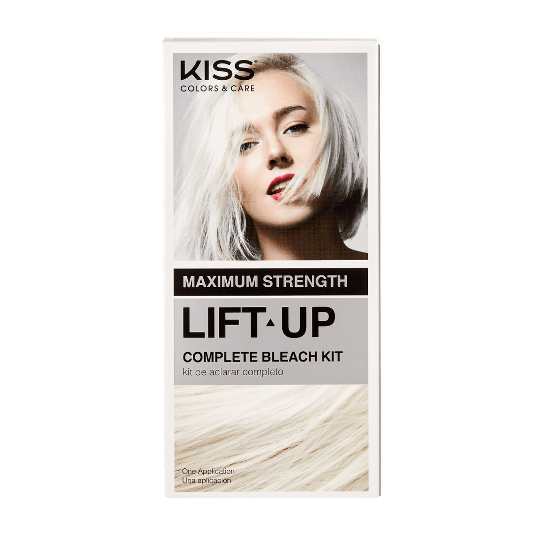 KISS Colors &amp; Care Maximum Strength Lift-Up Complete Bleach Kit box with photo of blonde woman, text highlighting maximum strength and one application.