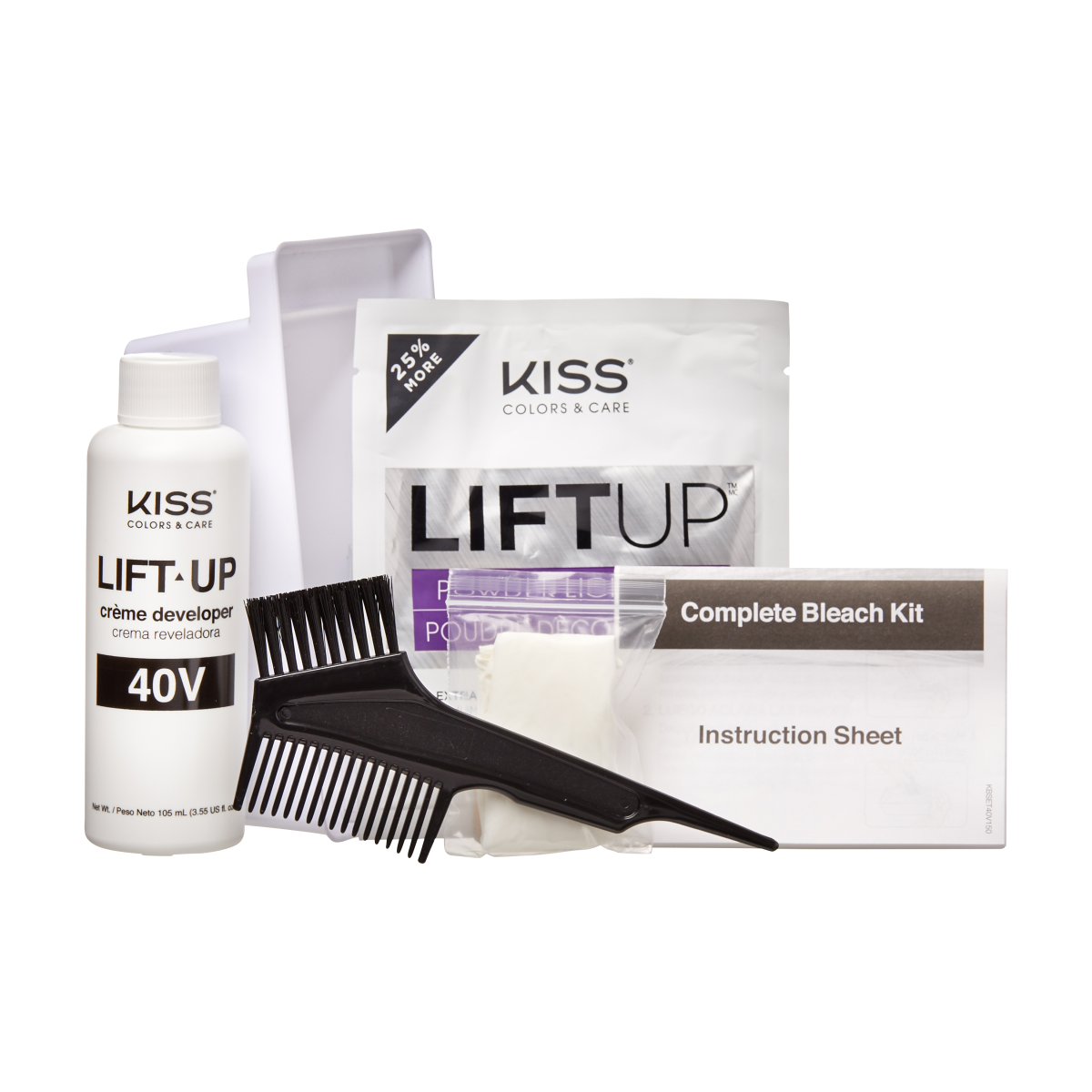 KISS Colors &amp; Care Lift-Up bleaching kit with 40V crème developer bottle, powder bleach packet, black dual-sided tint brush comb, gloves, and instruction sheet.