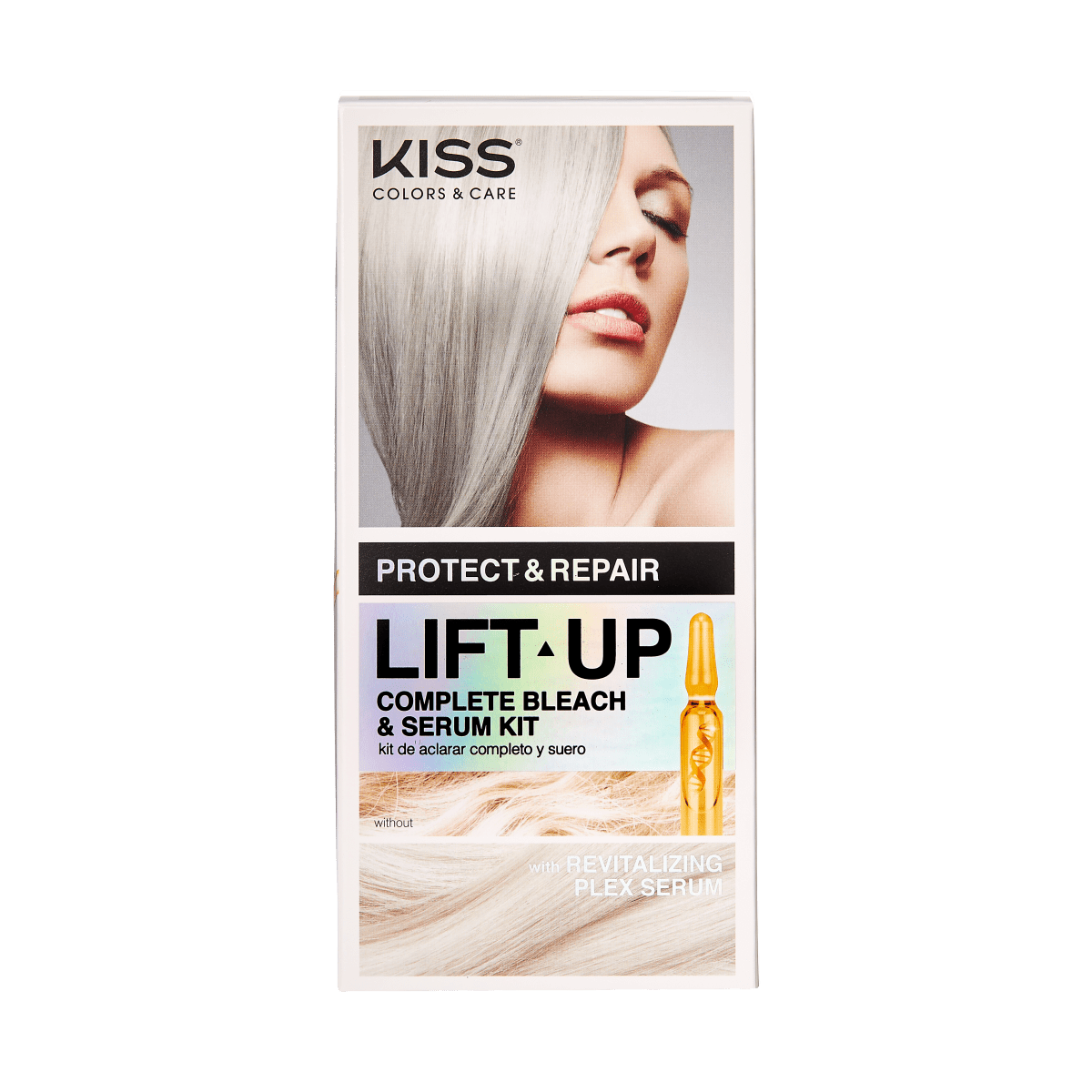 KISS Colors &amp; Care Lift Up Complete Bleach &amp; Serum Kit packaging showing a woman with platinum blonde hair, emphasizing protect &amp; repair with revitalizing plex serum.