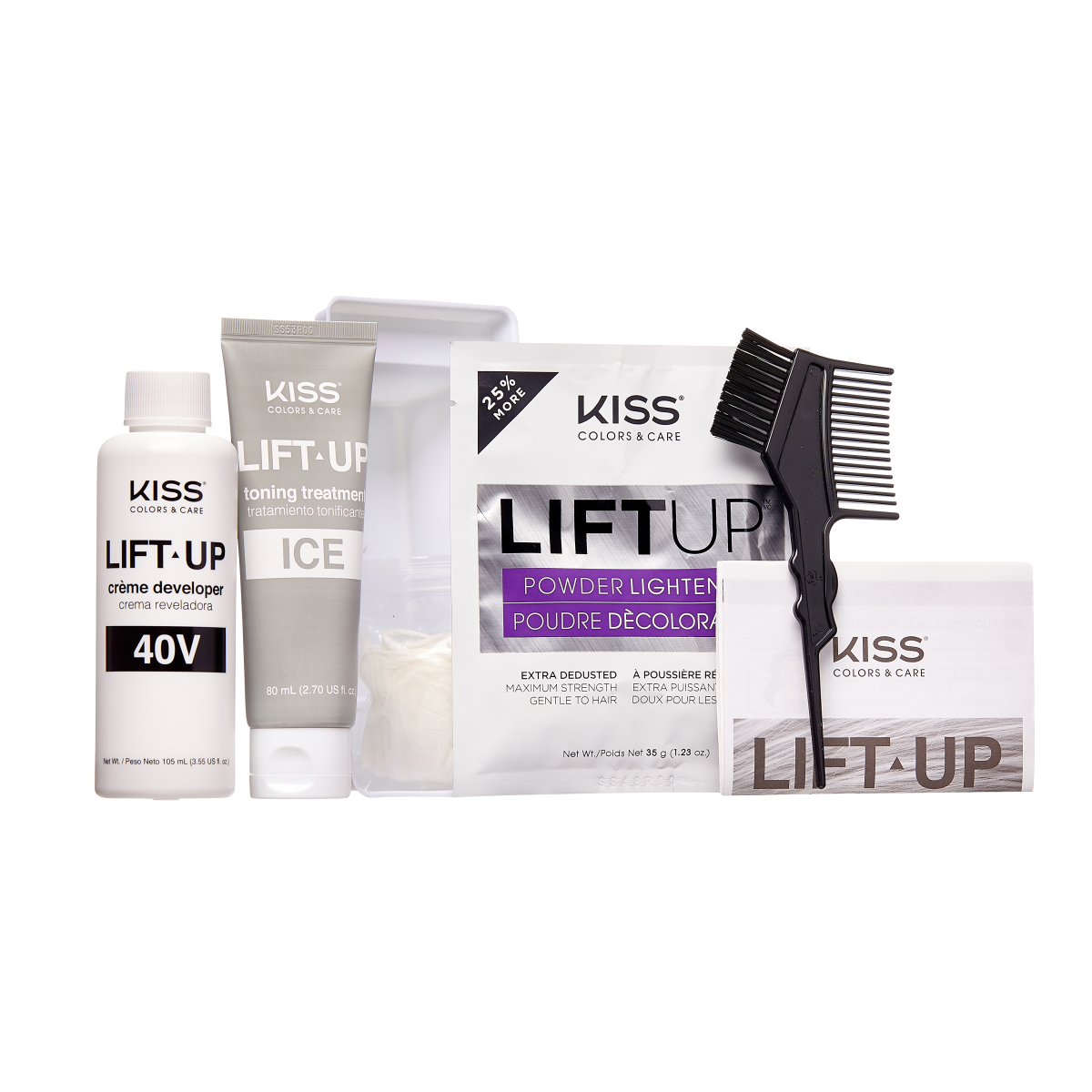 KISS Lift Up Complete Bleach &amp; Tone Kit with 40V crème developer, Ice toning treatment, powder lightener, applicator brush, gloves, and instruction leaflet.
