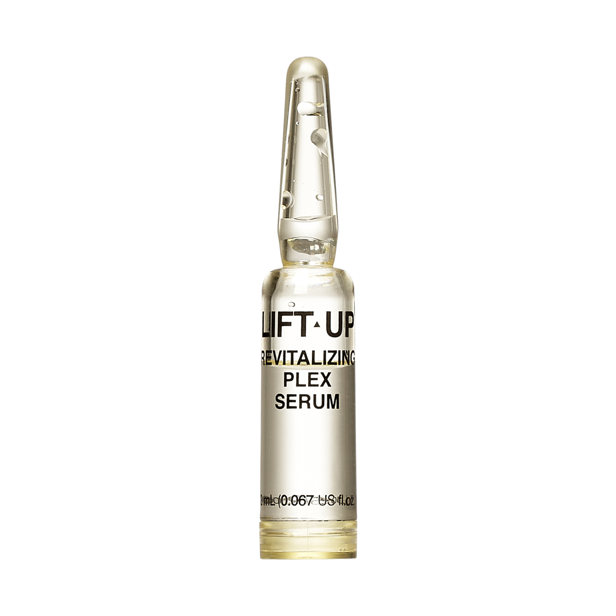 Clear glass ampoule containing transparent liquid labeled \