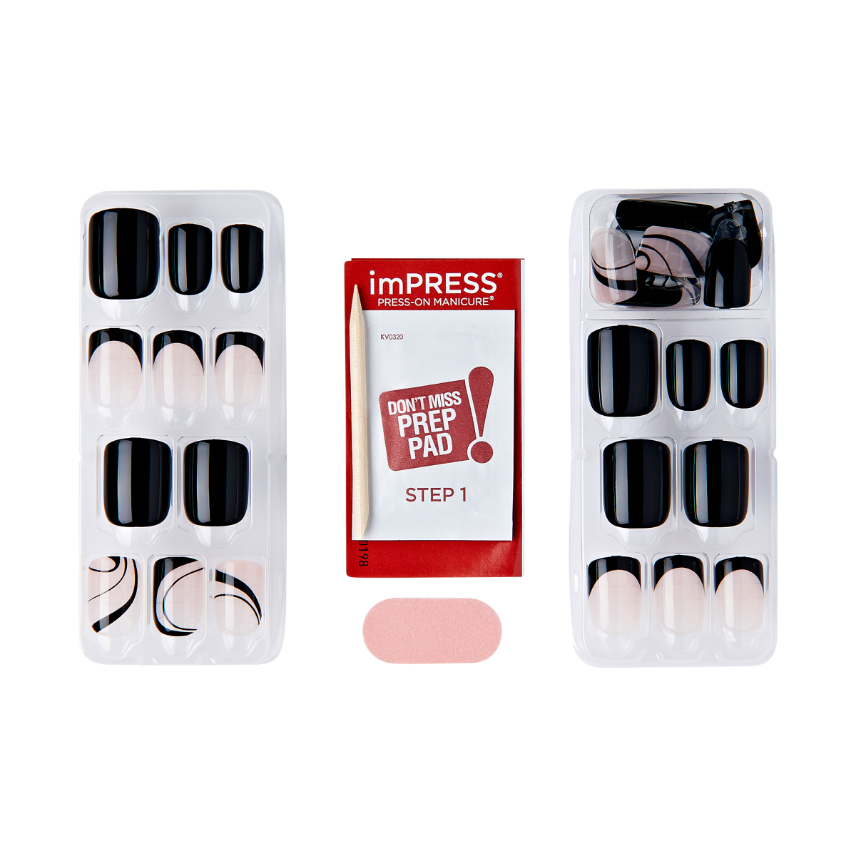 Two trays of black and pink press-on nails with swirled black line designs, a red prep pad packet labeled \